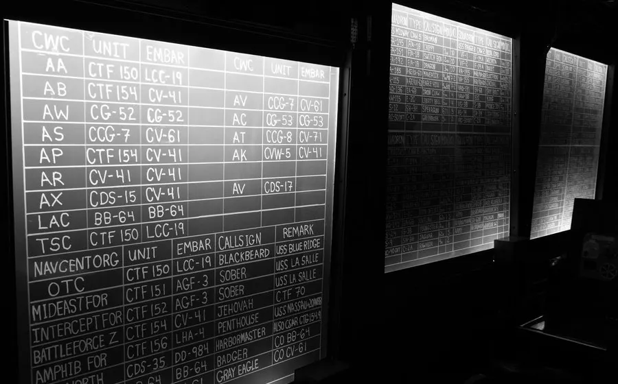 Rows of figures on backlit boards in a dark room